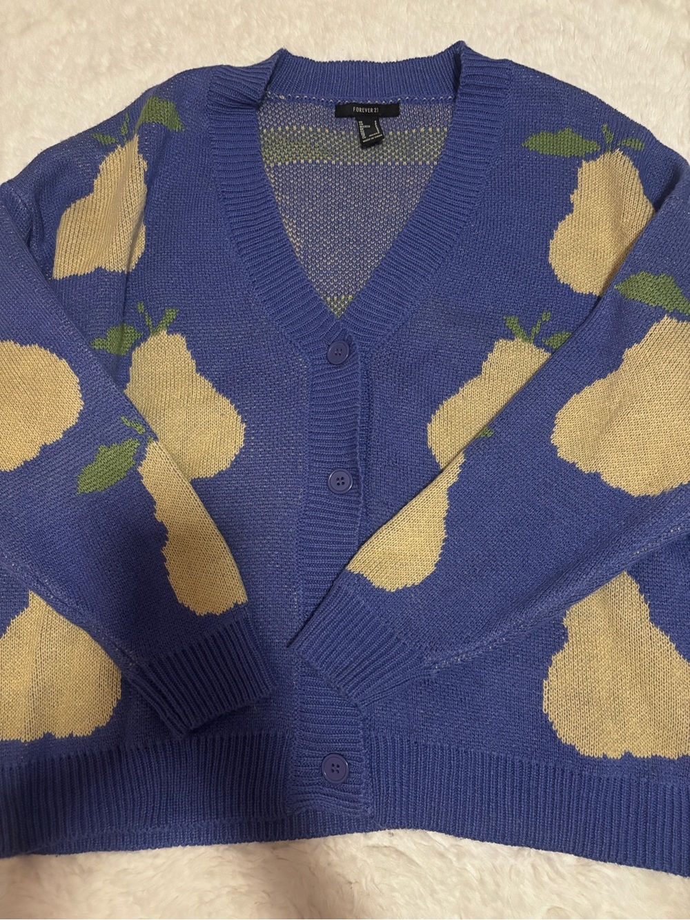 Forever 21 Blue Cardigan with Cream Pear Motif